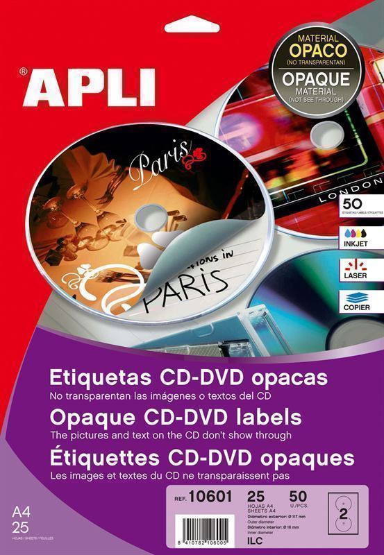 10601 - Etiquetas CD02 - CD-DVD MEGA dorso opaco - 25 hojas Apli - Imagen 2
