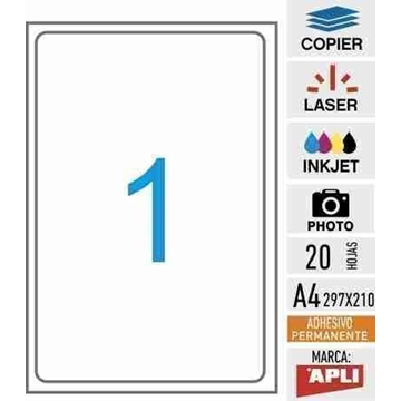 e01-02926 - 20 hojas adhesivas Calidad foto - Inkjet alto brillo APLI - DIN A4 - 199,6 x 289,1 mm - Imagen 1