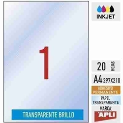 e01-10053- 20 hojas adhesivas A4 poliéster transparente BRILLO inkjet - APLI - Imagen 1