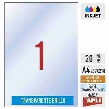 e01-10053- 20 hojas adhesivas A4 poliéster transparente BRILLO inkjet - APLI - Imagen 1