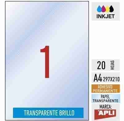 e01-10053- 20 hojas adhesivas poliéster transparente BRILLO inkjet - DIN A4 - APLI - Imagen 1