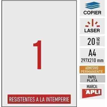 e01-10071- 20 hojas adhesivas A4 - PLATA MATE resistentes a la intemperie - APLI - Imagen 1