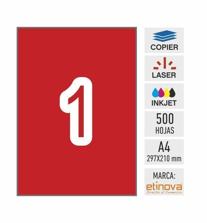 e01R - 500 hojas adhesivas A4 - ROJA con corte dorsal - 210 x 297 mm - Imagen 1