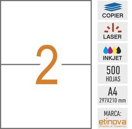 e02 - 500 hojas adhesivas DIN A4 - 2 etiquetas por hoja - 210 x 148,5 mm - Imagen 1