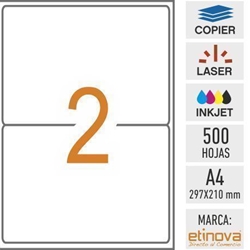 e02A - 500 hojas DIN A4 - Etiqueta blanca en hojas - 199,6 x 144,5 mm - Imagen 1