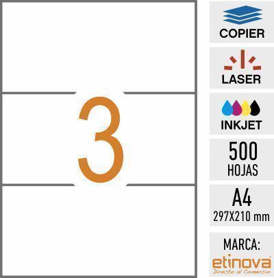 e03 - 500 hojas DIN A4 - Etiqueta blanca en hojas - 210 x 99 mm - Imagen 1