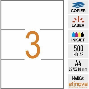 e03 - 500 hojas DIN A4 - Etiqueta blanca en hojas - 210 x 99 mm - Imagen 1