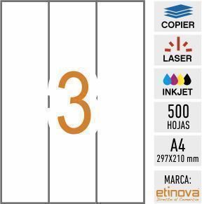 e03AP - 500 hojas DIN A4 - Etiqueta blanca en hojas - 70 x 297 mm - Imagen 1