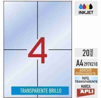 e04-12964 - 20 hojas adhesivas A4 inkjet - POLIÉSTER TRANSPARENTE BRILLO - 105 x 148 mm - APLI - Imagen 1