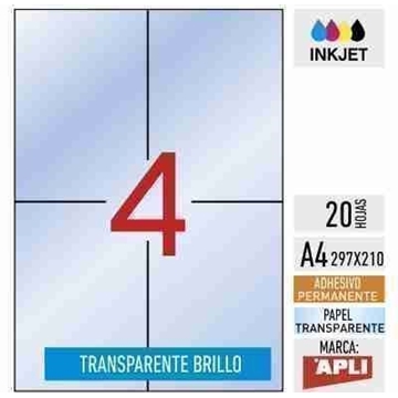 e04-12964 - 20 hojas adhesivas A4 inkjet - POLIÉSTER TRANSPARENTE BRILLO - 105 x 148 mm - APLI - Imagen 1
