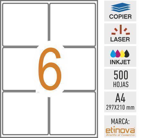 e06 - 500 hojas DIN A4 - Etiqueta blanca en hojas - 99,1 x 93,1 mm - Imagen 1