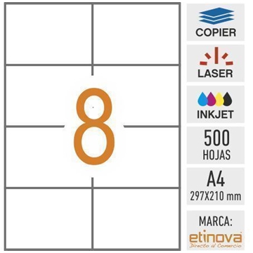 e08 - 500 hojas DIN A4 - Etiqueta blanca en hojas - 105 x 74 mm - Imagen 1