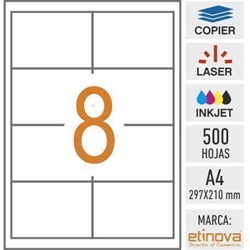 e08B - 500 hojas DIN A4 - Etiqueta blanca en hojas - 97 x 67,7 mm - Imagen 1