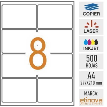 e08C - 500 hojas DIN A4 - Etiqueta blanca en hojas - 99,1 x 67,7 mm - Imagen 1