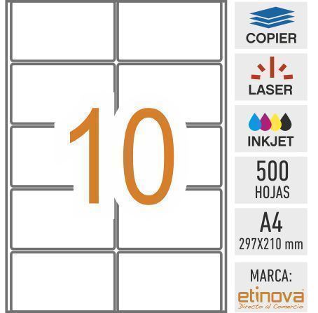 e10 - 500 hojas DIN A4 - Etiqueta blanca en hojas - 99,1 x 57 mm - Imagen 1