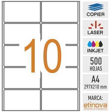 e10 - 500 hojas DIN A4 - Etiqueta blanca en hojas - 99,1 x 57 mm - Imagen 1
