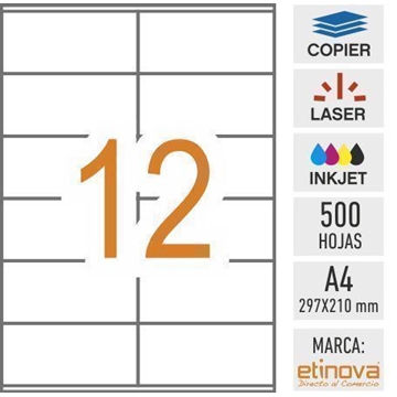 e12D - 500 hojas DIN A4 - Etiqueta blanca en hojas - 105 x 48 mm - Imagen 1