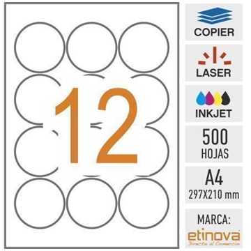 e12E - 500 hojas DIN A-4 - Etiqueta blanca en hojas - 60 mm diámetro - Imagen 1