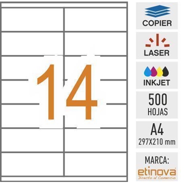 e14 - 500 hojas DIN A4 - Etiqueta blanca en hojas - 105 x 40 mm - Imagen 1