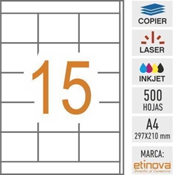 e15 - 500 hojas DIN A4 - Etiqueta blanca en hojas - 70 x 50,8 mm - Imagen 1