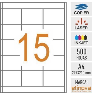 e15 - 500 hojas DIN A4 - Etiqueta blanca en hojas - 70 x 50,8 mm - Imagen 1