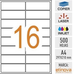 e16 - 500 hojas DIN A4 - Etiqueta blanca en hojas - 99,1 x 34 mm - Imagen 1