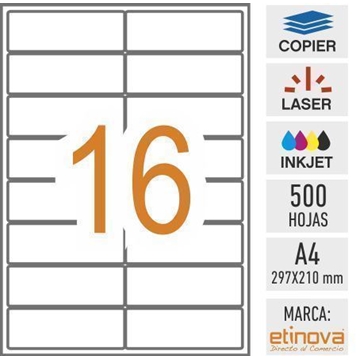 e16 - 500 hojas DIN A4 - Etiqueta blanca en hojas - 99,1 x 34 mm - Imagen 1