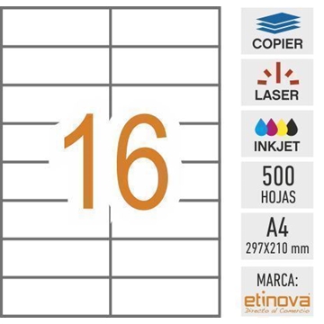 e16C - 500 hojas DIN A4 - Etiqueta blanca en hojas - 105 x 37 mm - Imagen 1