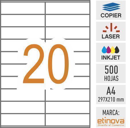 e20 - 500 hojas DIN A4 - Etiqueta blanca en hojas - 105 x 29 mm - Imagen 1