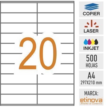 e20 - 500 hojas DIN A4 - Etiqueta blanca en hojas - 105 x 29 mm - Imagen 1