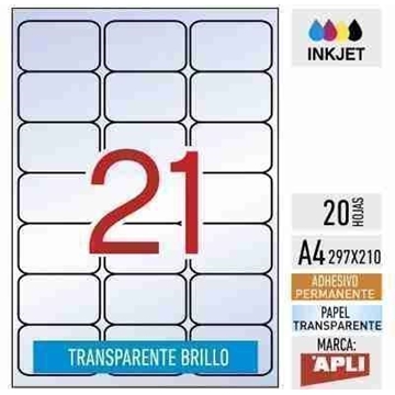 e21-10967- 20 hojas A4 transparentes BRILLO INKJET poliéster - CD y DVD - 63,5 x 38,1 mm - APLI - Imagen 1