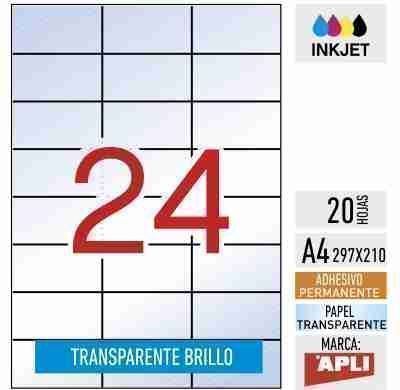 e24-10051- 20 hojas A4 transparentes BRILLO poliéster - APLI - 70 x 37 mm - Imagen 1