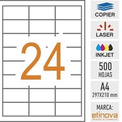 e24 - 500 hojas DIN A4 - Etiqueta blanca en hojas - 64,6 x 33,8 mm - Imagen 1
