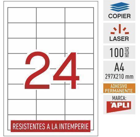 e24b-12966 - 100 hojas adhesivas A4 Apli - BLANCO resistentes a la intemperie - 64,6 x 33,8 mm - Imagen 1