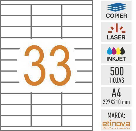 e33 - 500 hojas DIN A4 - Etiqueta blanca en hojas - 70 x 25,4 mm - Imagen 1