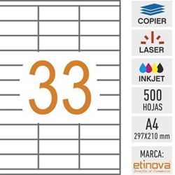 e33 - 500 hojas DIN A4 - Etiqueta blanca en hojas - 70 x 25,4 mm - Imagen 1