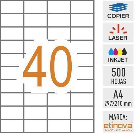 e40 - 500 hojas DIN A4 - Etiqueta blanca en hojas - 52,5 x 29,7 mm - Imagen 1