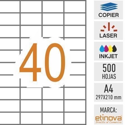 e40 - 500 hojas DIN A4 - Etiqueta blanca en hojas - 52,5 x 29,7 mm - Imagen 1