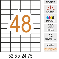 e48 - 500 hojas DIN A4 - Etiqueta blanca en hojas - 52,5 x 24,75 mm - Imagen 1