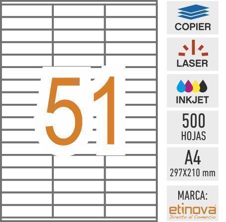 e51 - 500 hojas DIN A4 - Etiqueta blanca en hojas - 70 x 16,9 mm - Imagen 1