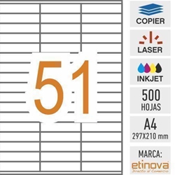 e51 - 500 hojas DIN A4 - Etiqueta blanca en hojas - 70 x 16,9 mm - Imagen 1