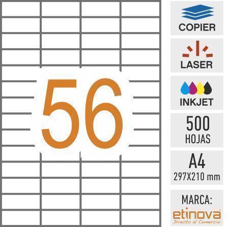 e56 - 500 hojas DIN A4 - Etiqueta blanca en hojas - 52,5 x 21,2 mm - Imagen 1
