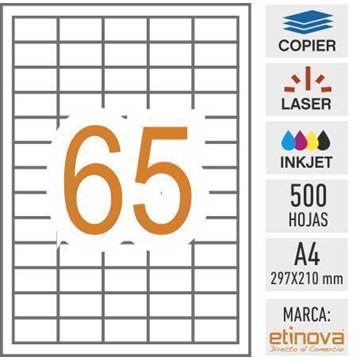 e65 - 500 hojas DIN A4 - Etiqueta blanca en hojas - 38 x 21,2 mm - Imagen 1