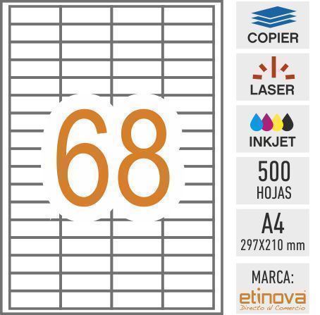 e68 - 500 hojas A4 adhesivas - 48,5 x 16,9 mm - Imagen 1