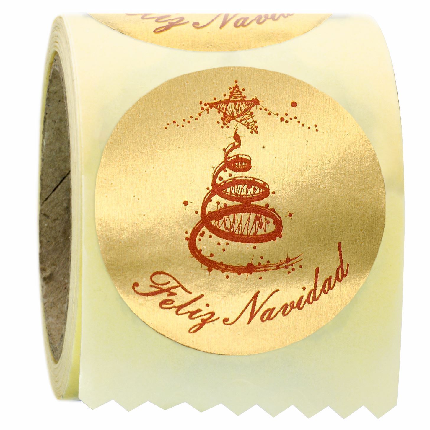 N17 - Etiquetas Feliz Navidad Oro brillo Árbol rojo - Rollo de 250 ud - 35 mm Ø - Imagen 1