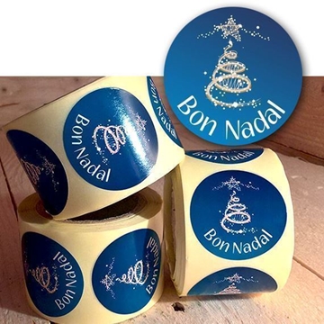 N21 - Etiquetas en catalán  "Bon Nadal" Árbol Azul - Rollo de 250 ud -  35 mm Ø - Imagen 1