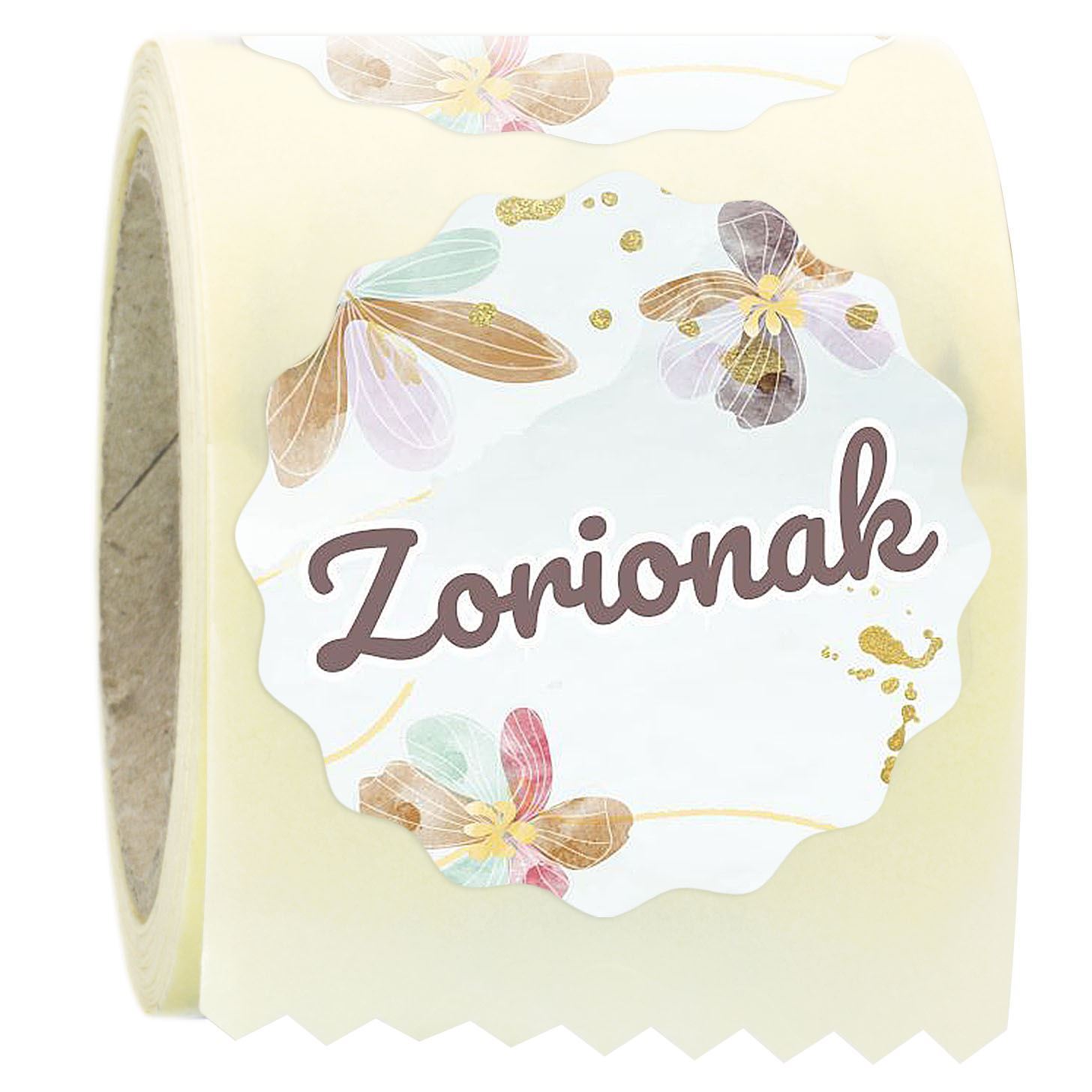 R012 - Etiquetas en euskera "Zorionak" Flores ondas - Rollo de 250 ud - 42 mm Ø - Imagen 1