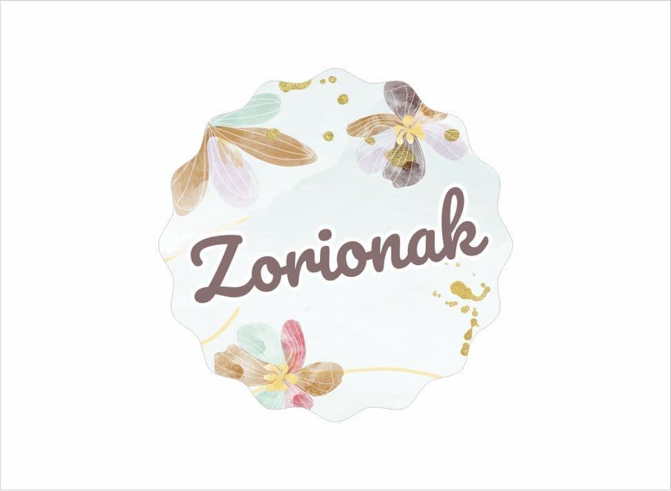 R012 - Etiquetas en euskera "Zorionak" Flores ondas - Rollo de 250 ud - 42 mm Ø - Imagen 2
