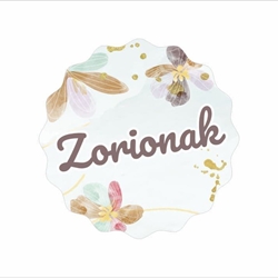 R012 - Etiquetas en euskera "Zorionak" Flores ondas - Rollo de 250 ud - 42 mm Ø - Imagen 2