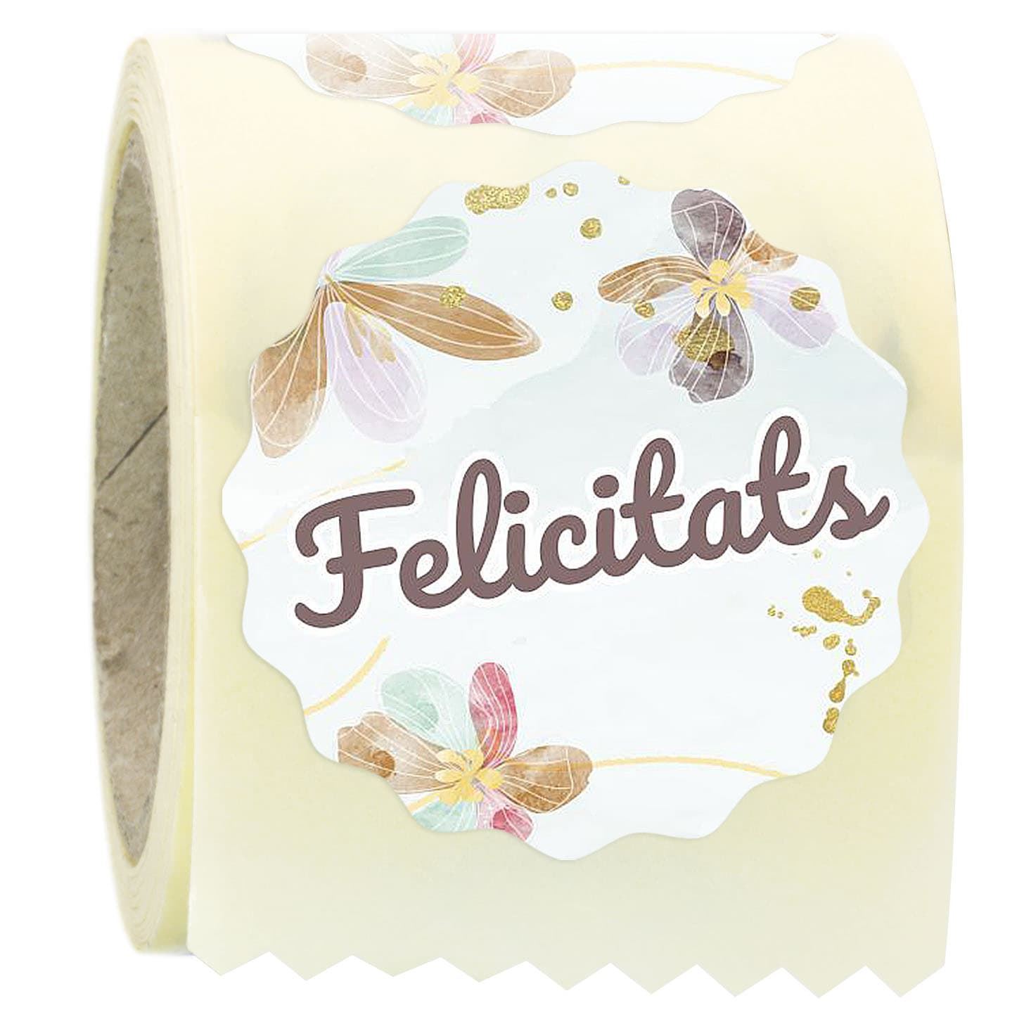 R014 - Etiquetas en catalán "Felicitats" Flores ondas - Rollo de 250 ud - 42 mm Ø - Imagen 1